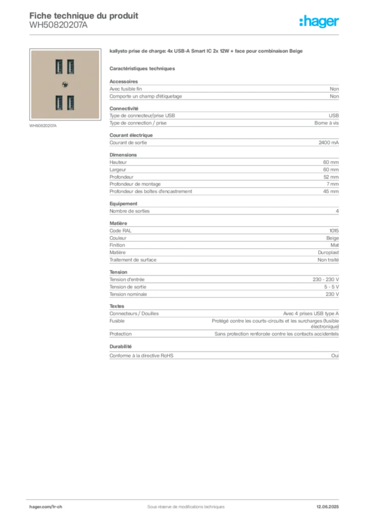 Image Hager Fiche technique du produit WH50820207A | Hager Suisse