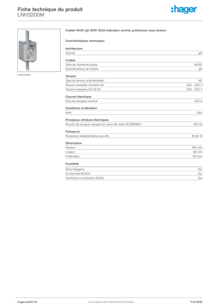 Image Hager Fiche technique du produit LNH3200M | Hager Suisse