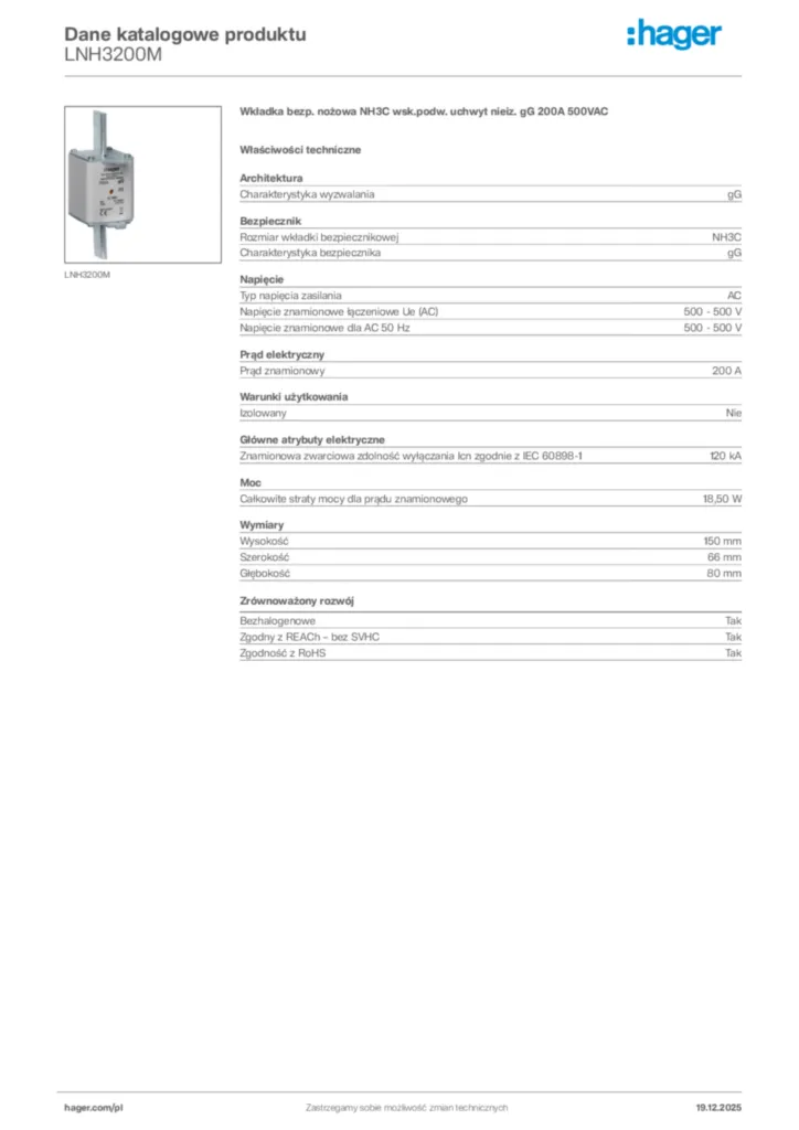 Zdjęcie Hager Karta katalogowa LNH3200M | Hager Polska