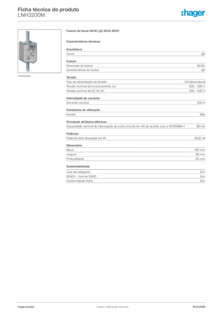 Imagem Hager Ficha técnica do produto LNH3200M | Hager Portugal