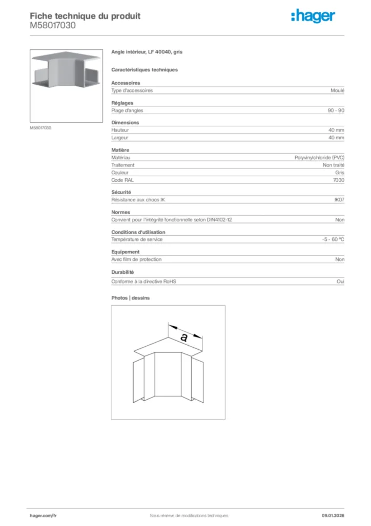 Image Hager Fiche technique du produit M58017030 | Hager France