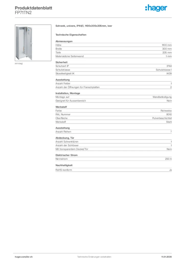 Bild Hager Produktdatenblatt FP71TN2 | Hager Schweiz