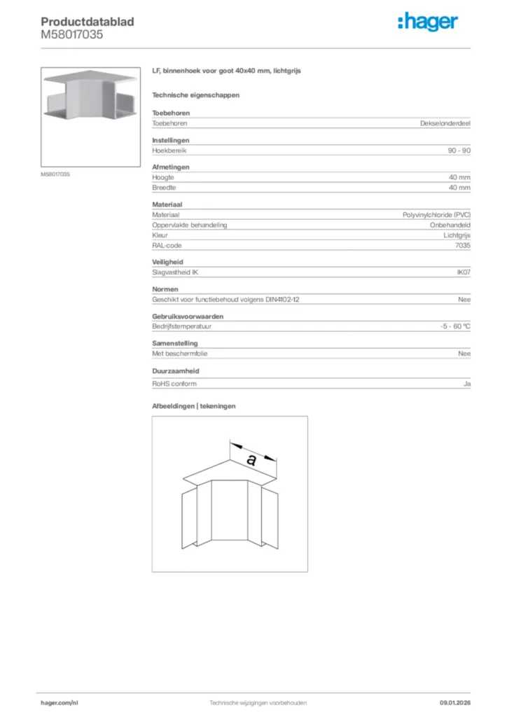 Afbeelding Hager Productdatablad M58017035 | Hager Nederland