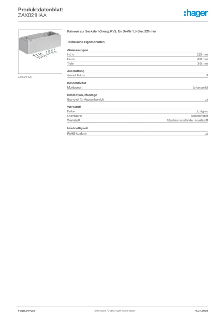 Bild Hager Produktdatenblatt ZAX021HAA | Hager Deutschland
