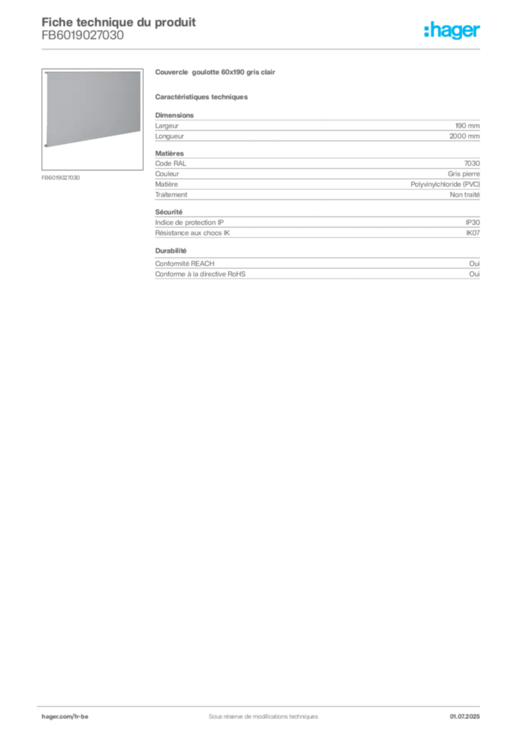 Image Hager Fiche technique du produit FB6019027030 | Hager Belgique