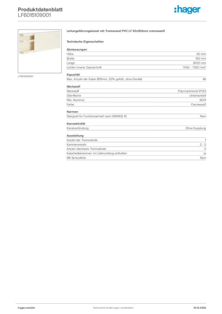 Bild Hager Produktdatenblatt LF6015109001 | Hager Deutschland