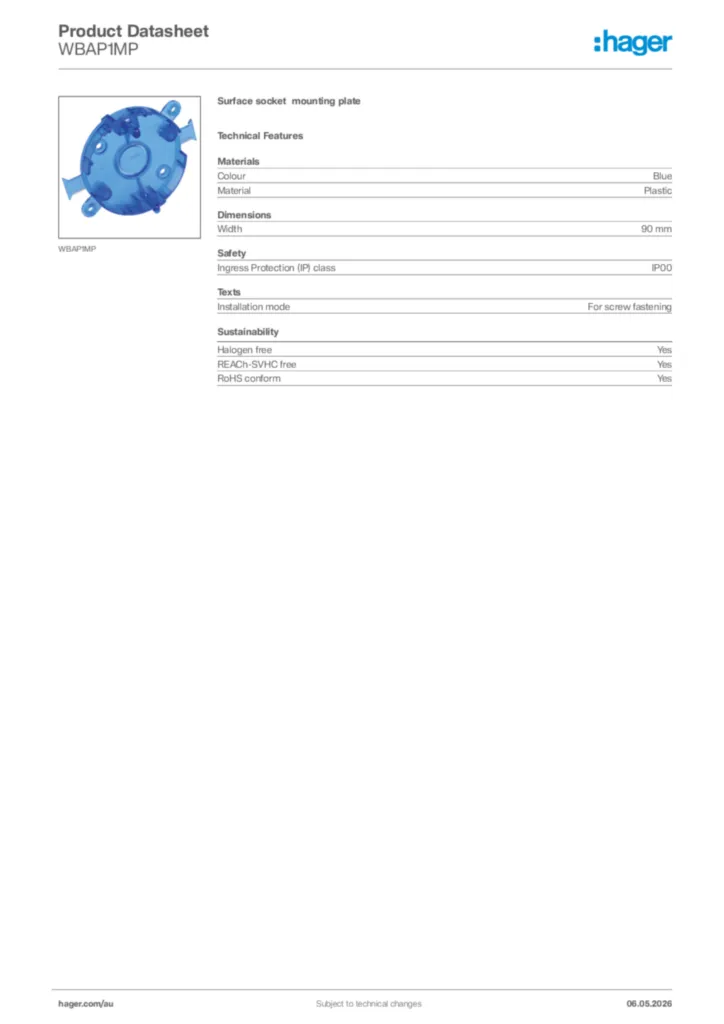Image Hager Product data sheet WBAP1MP  | Hager Australia