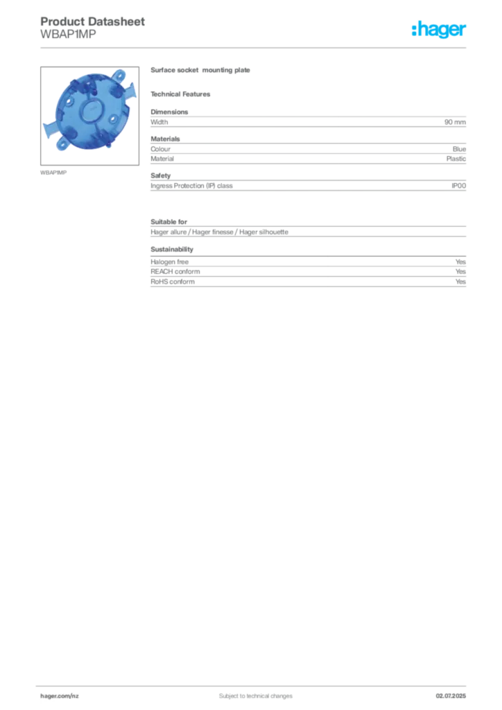 Image Hager Product data sheet WBAP1MP  | Hager New Zealand