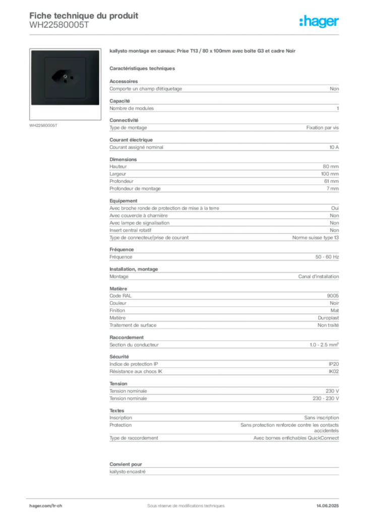 Image Hager Fiche technique du produit WH22580005T | Hager Suisse