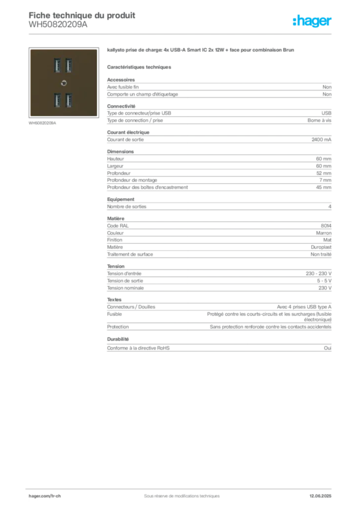 Image Hager Fiche technique du produit WH50820209A | Hager Suisse