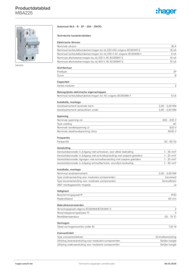 Afbeelding Hager Productdatablad MBA225 | Hager Belgium