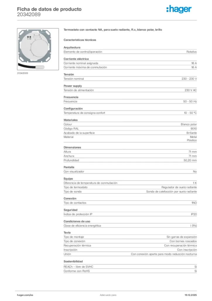Imagen Hager Ficha de datos de producto 20342089 | Hager España