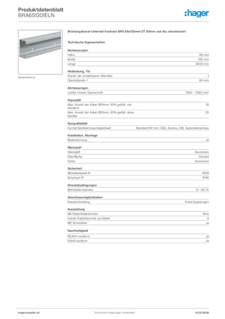 Bild Hager Produktdatenblatt BRA651301ELN | Hager Schweiz