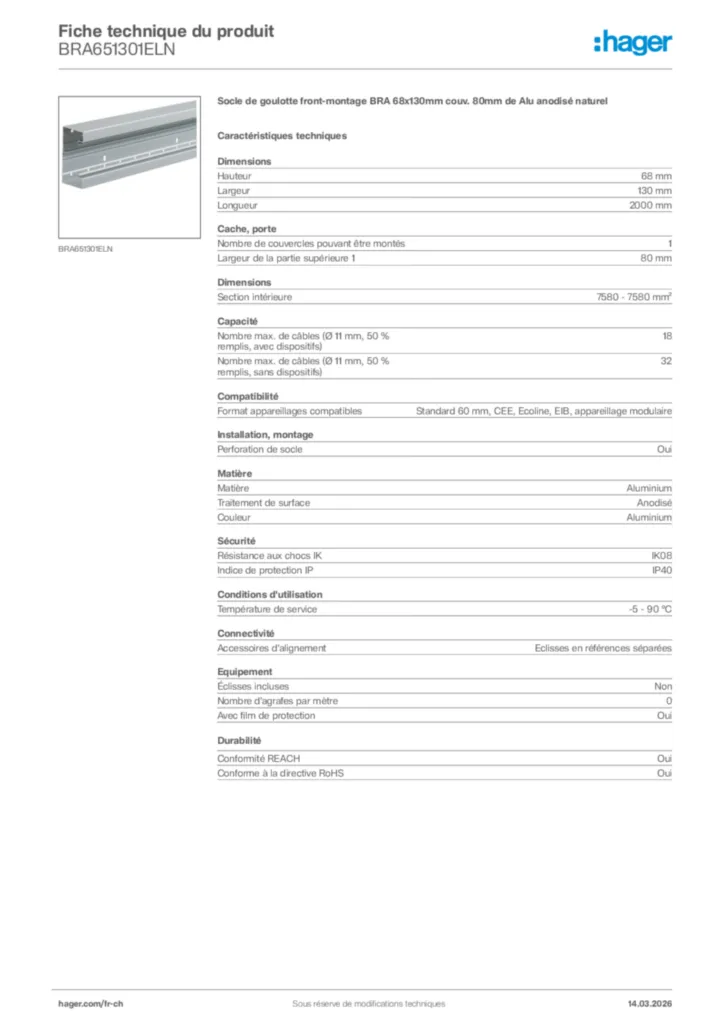 Image Hager Fiche technique du produit BRA651301ELN | Hager Suisse