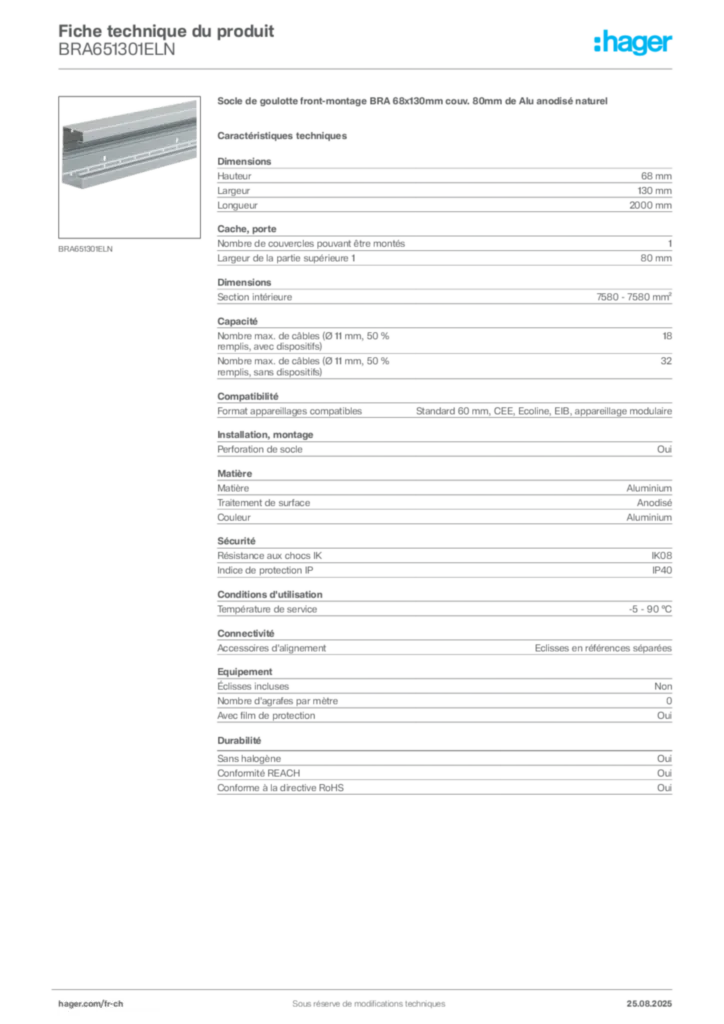 Image Hager Fiche technique du produit BRA651301ELN | Hager Suisse