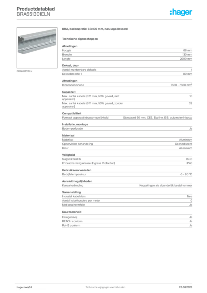 Afbeelding Hager Productdatablad BRA651301ELN | Hager Nederland