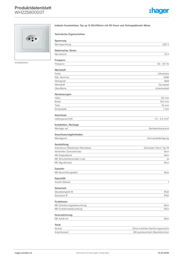Bild Hager Produktdatenblatt WH22580000T | Hager Schweiz