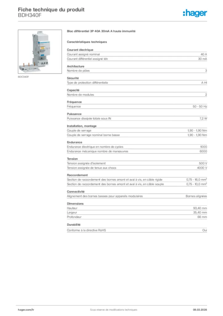 Image Hager Fiche technique du produit BDH340F | Hager France