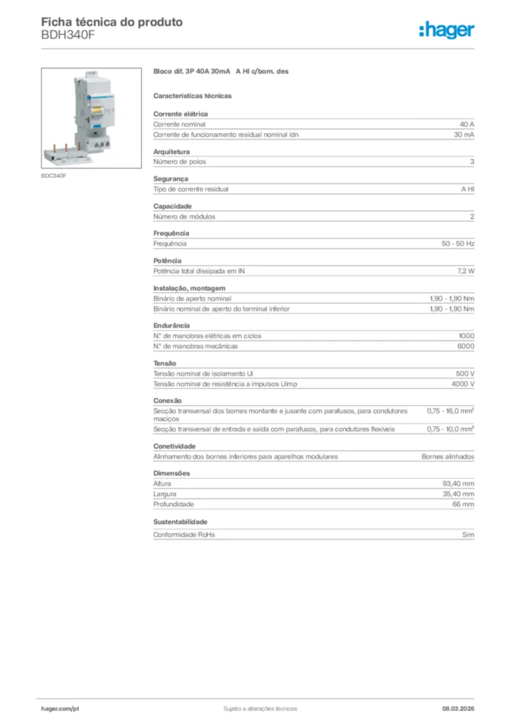 Imagem Hager Ficha técnica do produto BDH340F | Hager Portugal
