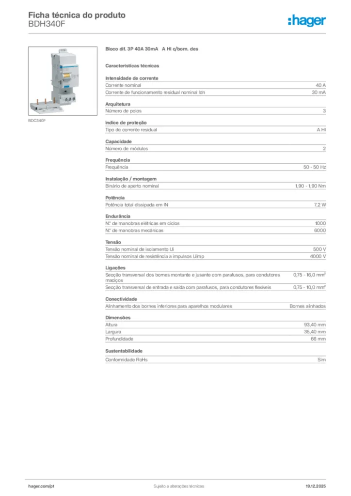 Imagem Hager Ficha técnica do produto BDH340F | Hager Portugal