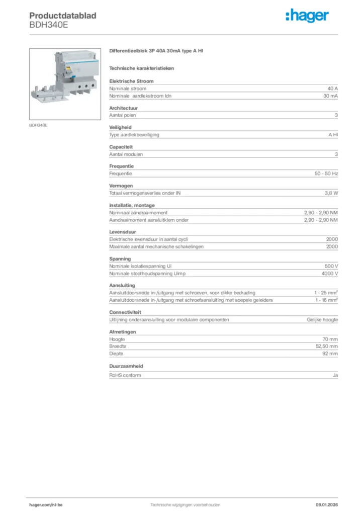 Afbeelding Hager Productdatablad BDH340E | Hager Belgium