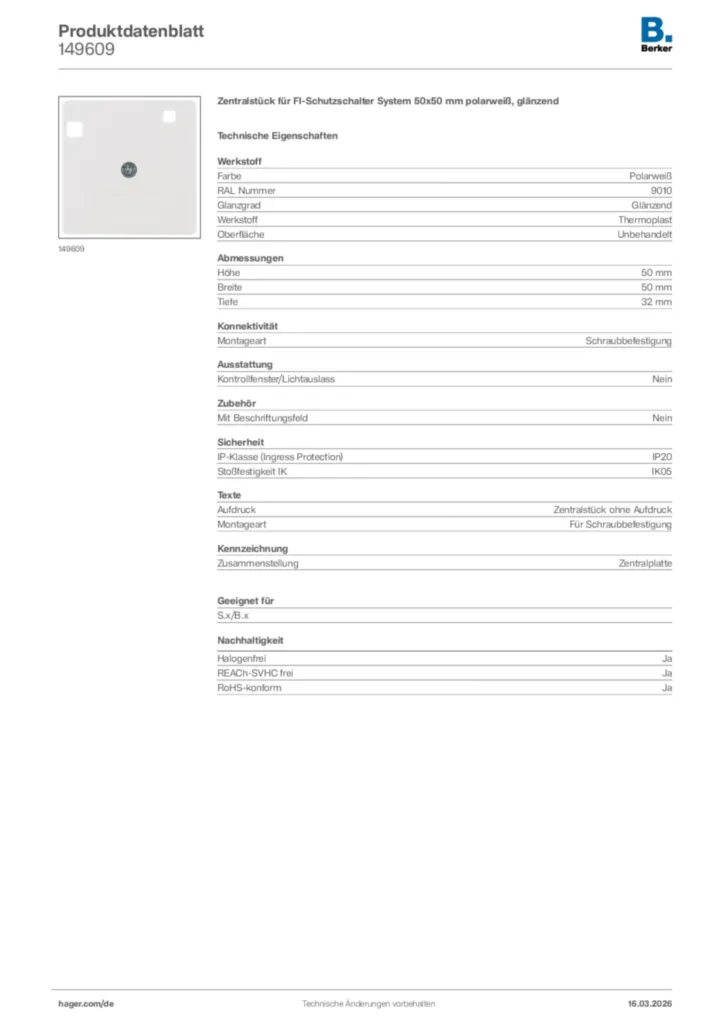 Bild Berker Produktdatenblatt 149609 | Hager Deutschland