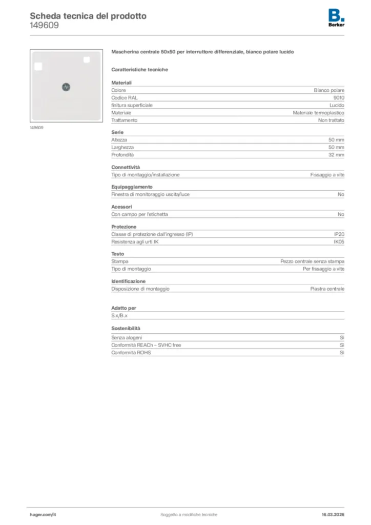 Immagine Berker Scheda tecnica del prodotto 149609 | Hager Italia