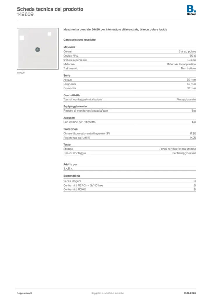 Immagine Berker Scheda tecnica del prodotto 149609 | Hager Italia