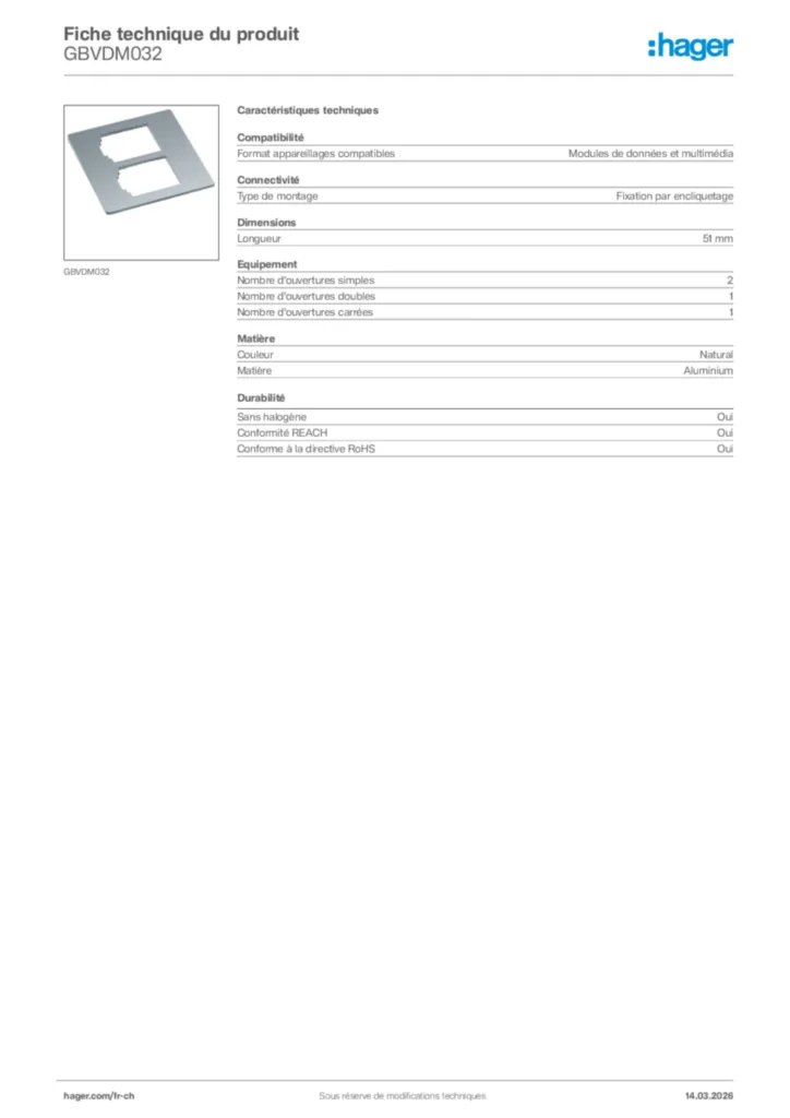 Image Hager Fiche technique du produit GBVDM032 | Hager Suisse
