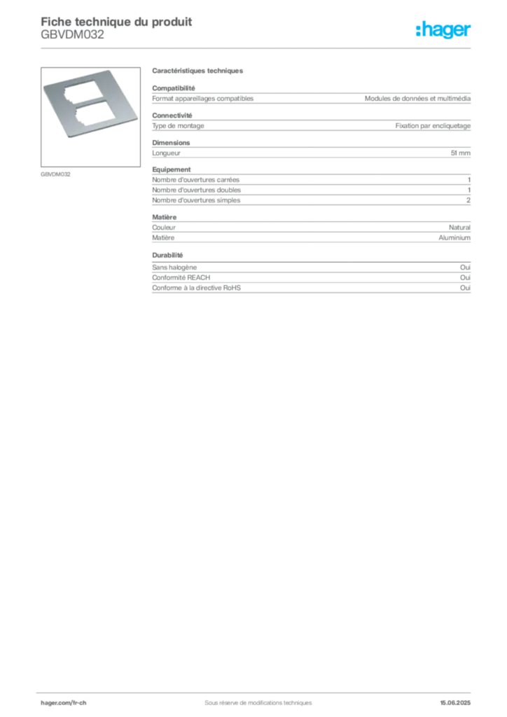 Image Hager Fiche technique du produit GBVDM032 | Hager Suisse