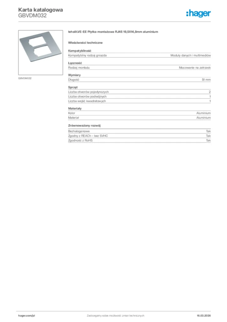 Zdjęcie Hager Karta katalogowa GBVDM032 | Hager Polska