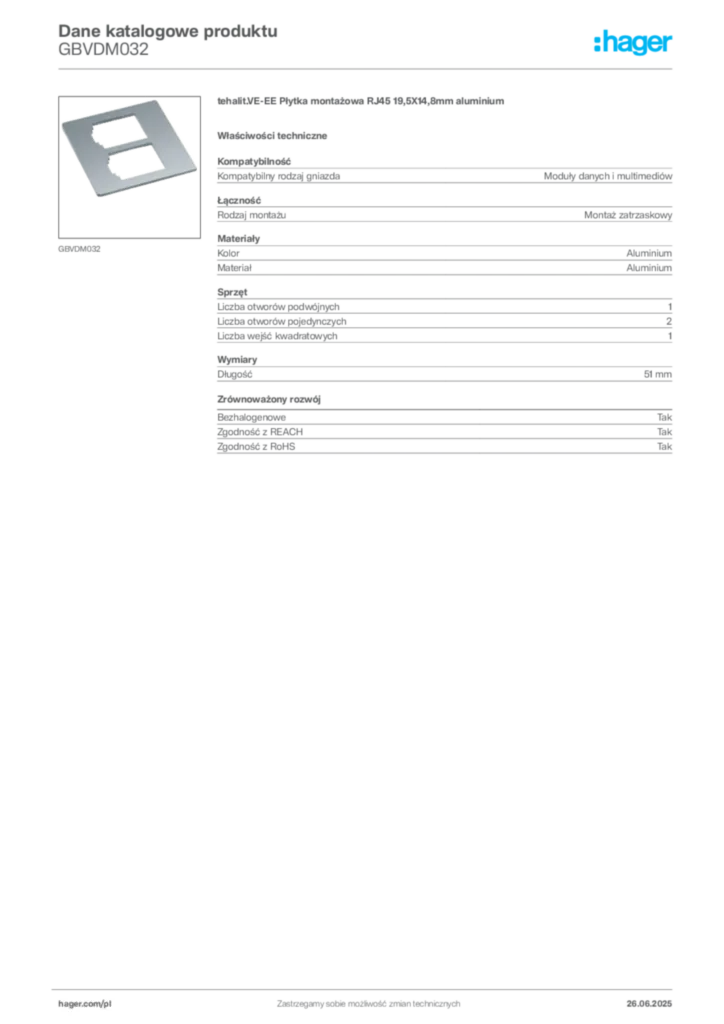 Zdjęcie Hager Karta katalogowa GBVDM032 | Hager Polska
