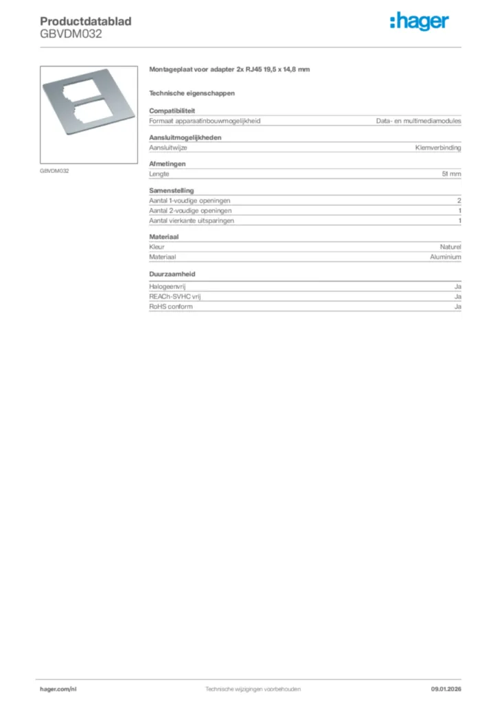 Afbeelding Hager Productdatablad GBVDM032 | Hager Nederland