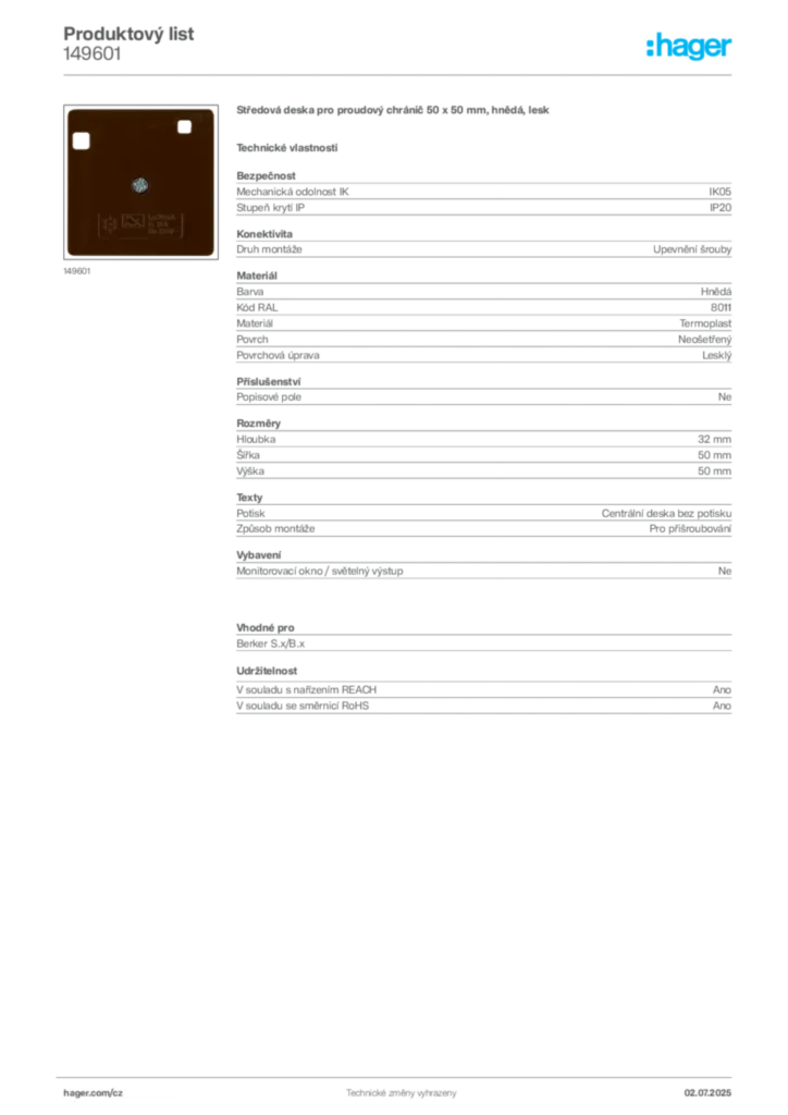 Obrázek Hager Produktový list 149601 | Hager