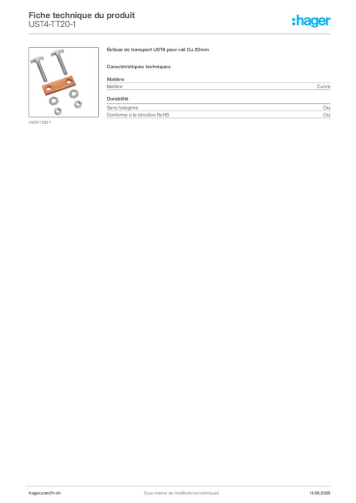 Image Hager Fiche technique du produit UST4-TT20-1 | Hager Suisse