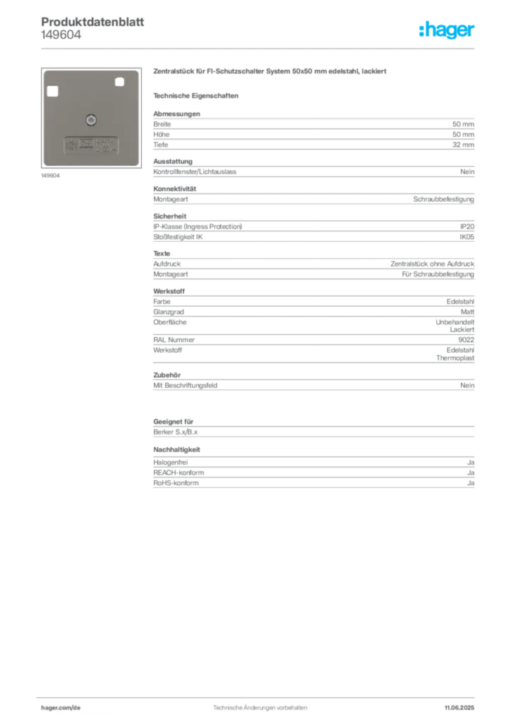 Bild Berker Produktdatenblatt 149604 | Hager Deutschland