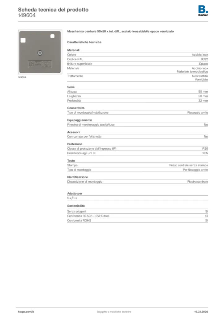 Immagine Berker Scheda tecnica del prodotto 149604 | Hager Italia