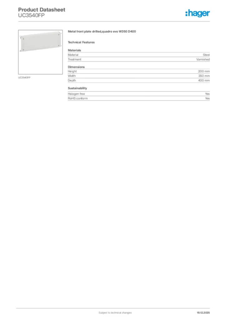 Image Hager Product data sheet UC3540FP  | Hager Africa