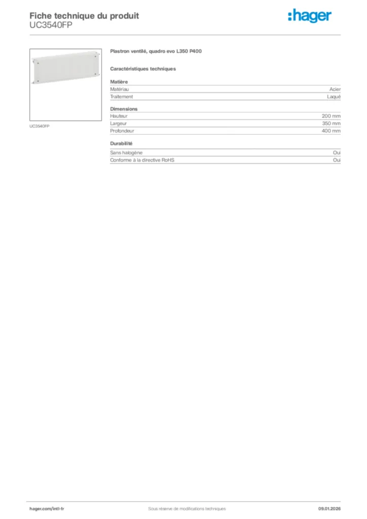 Image Hager Fiche technique du produit UC3540FP | Hager Afrique