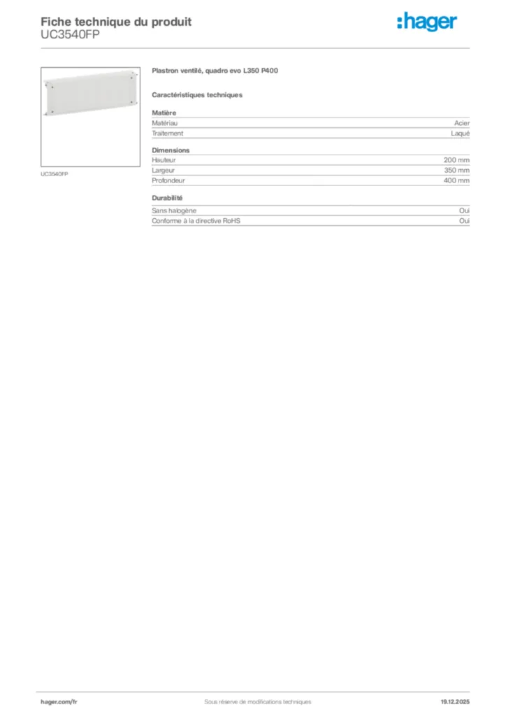 Image Hager Fiche technique du produit UC3540FP | Hager France