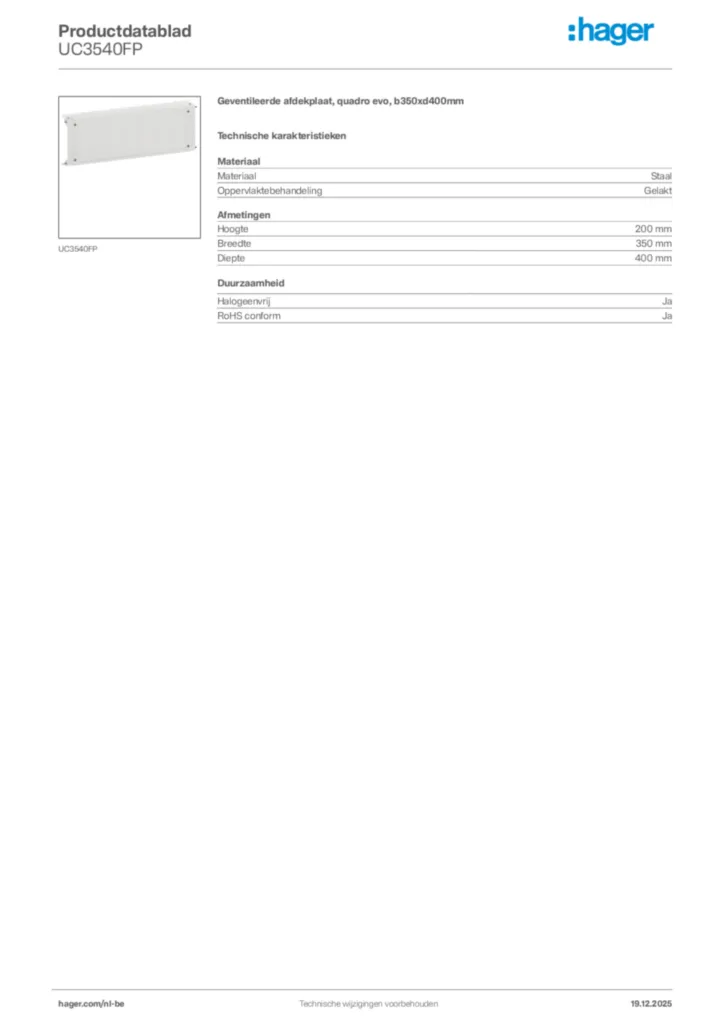 Afbeelding Hager Productdatablad UC3540FP | Hager Belgium