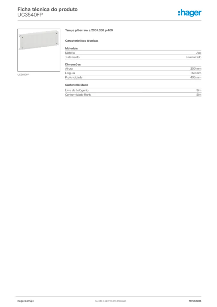 Imagem Hager Ficha técnica do produto UC3540FP | Hager Portugal