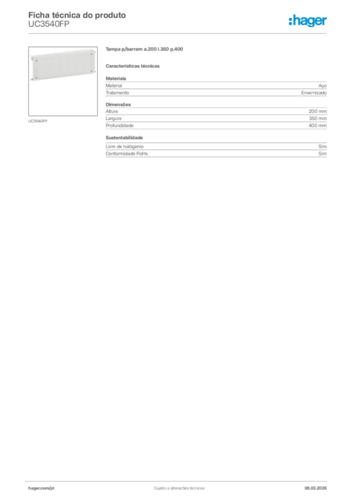 Imagem Hager Ficha técnica do produto UC3540FP | Hager Portugal