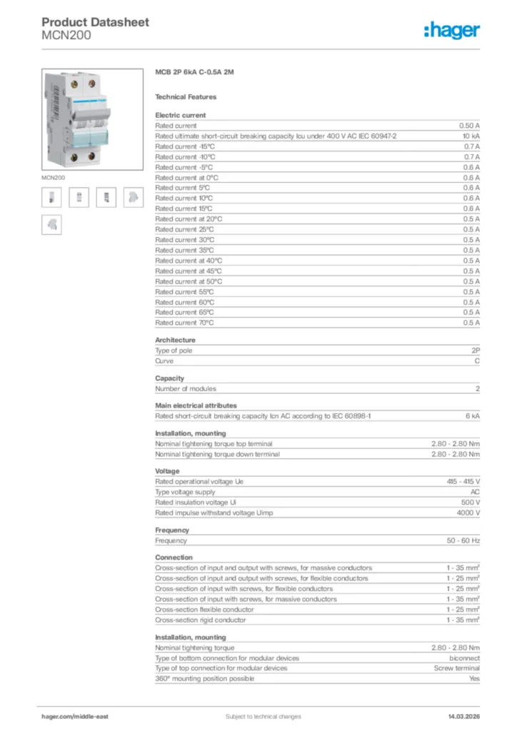 Image Hager Product data sheet MCN200  | Hager
