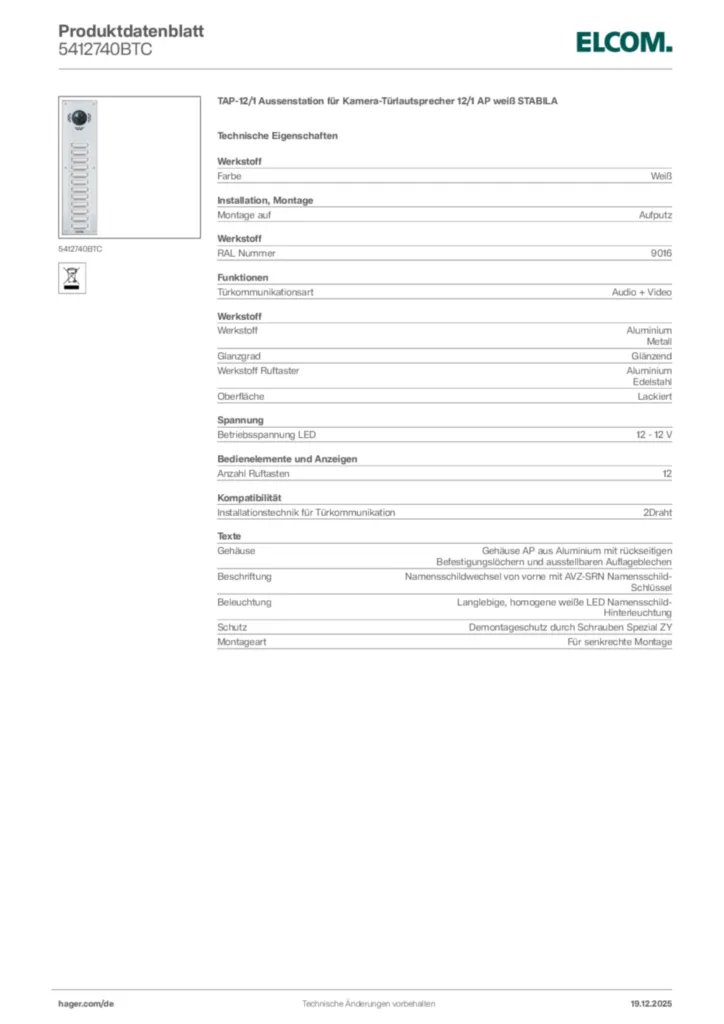Bild Elcom Produktdatenblatt 5412740BTC | Hager Deutschland
