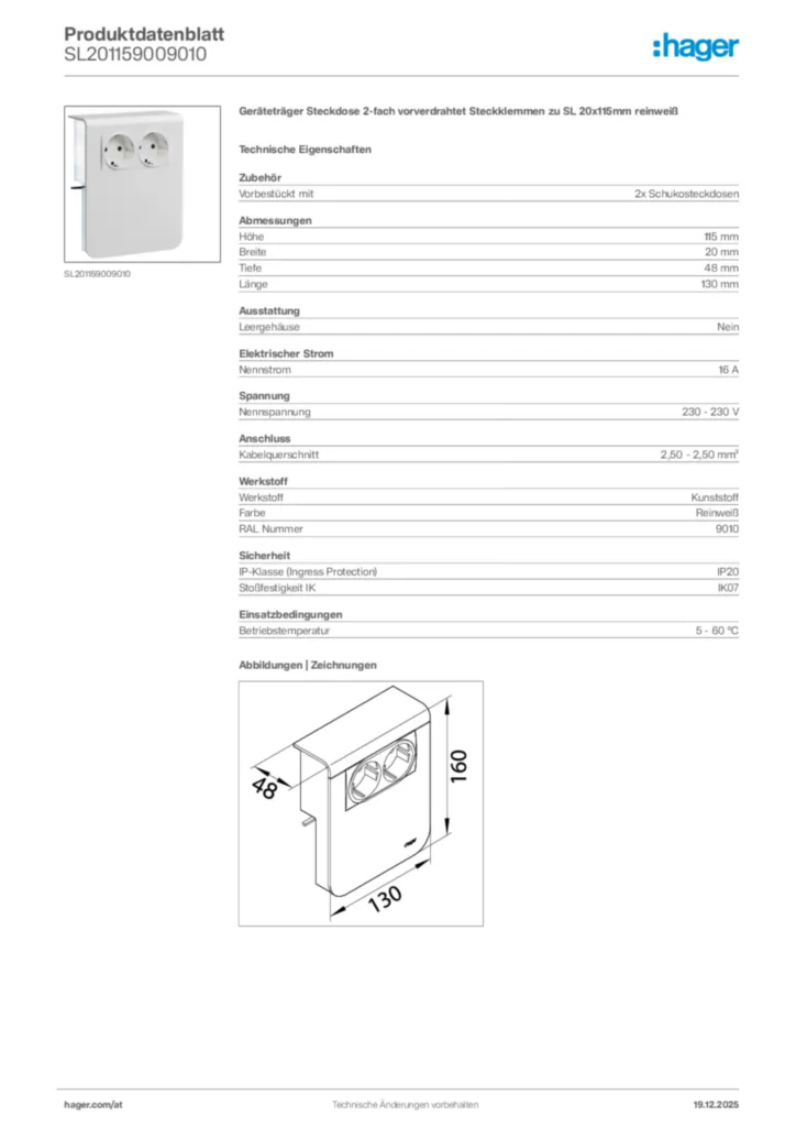 Bild Hager Produktdatenblatt SL201159009010 | Hager Deutschland