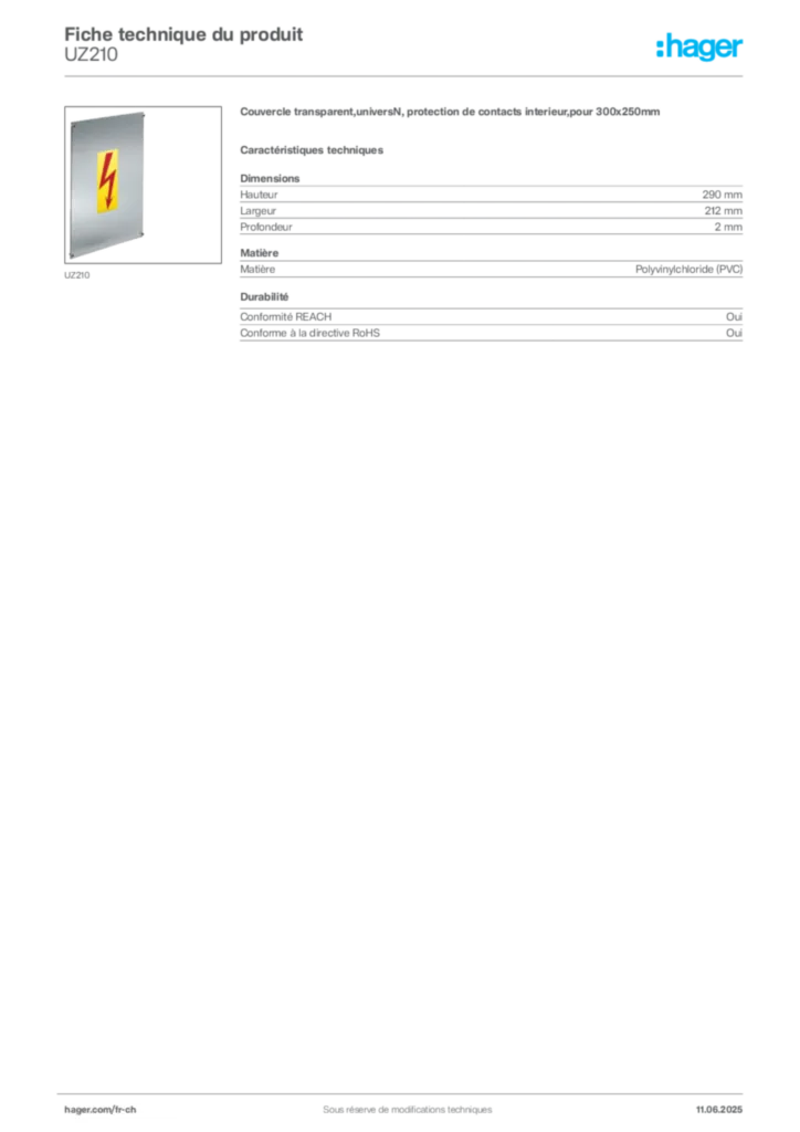 Image Hager Fiche technique du produit UZ210 | Hager Suisse