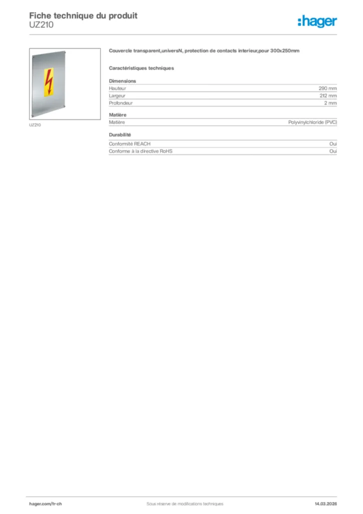 Image Hager Fiche technique du produit UZ210 | Hager Suisse