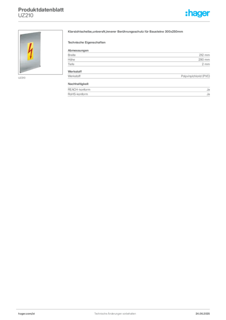 Bild Hager Produktdatenblatt UZ210 | Hager Deutschland