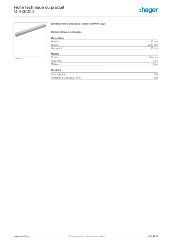 Image Hager Fiche technique du produit M-BSB200 | Hager Suisse